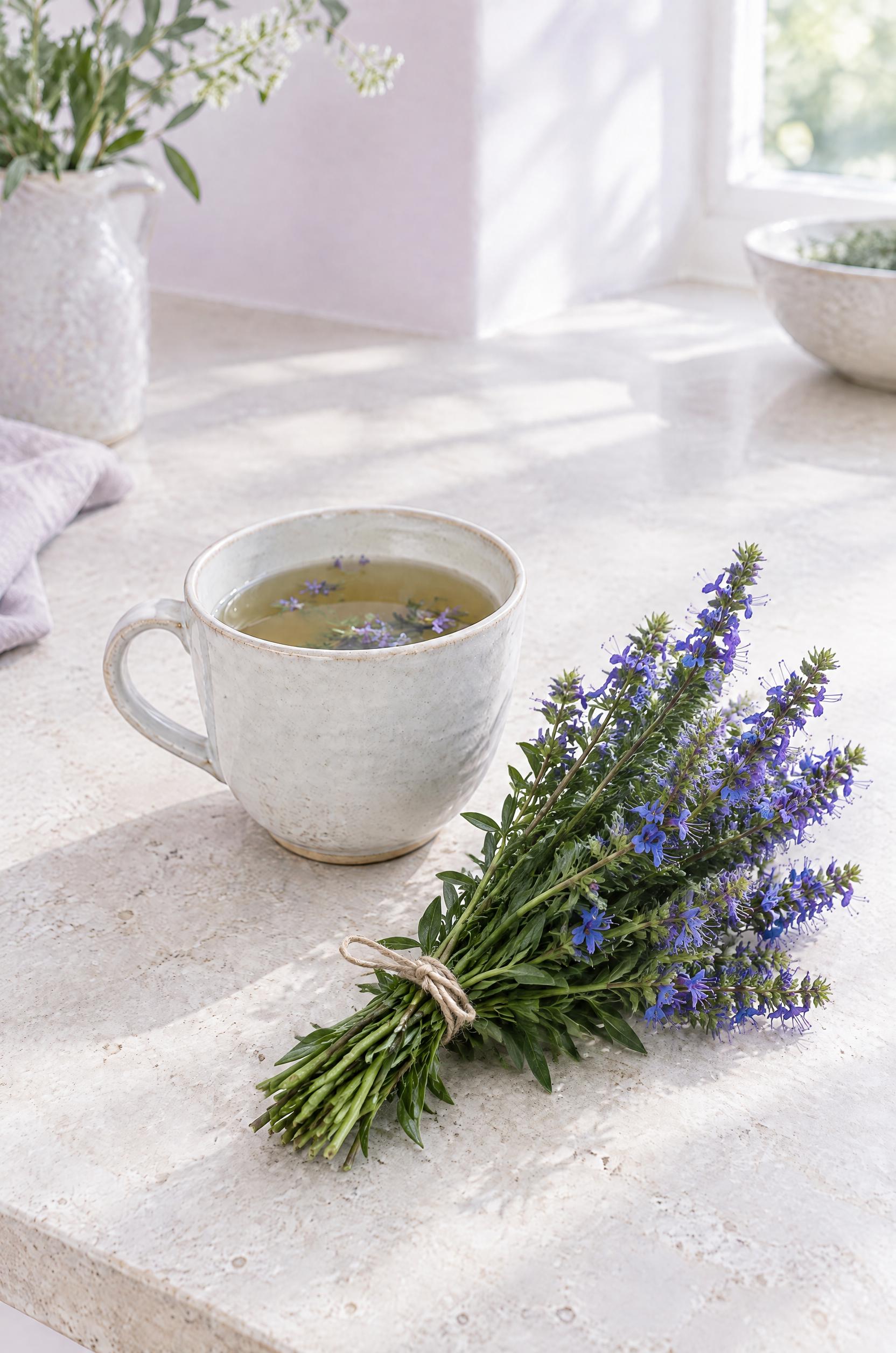 A cup of herbal tea beside a bunch of fresh hyssop tied with string